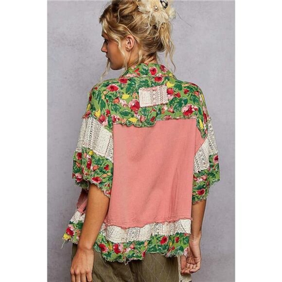 POL Lace Patch Floral Half Sleeve Shacket - Picture 4 of 6